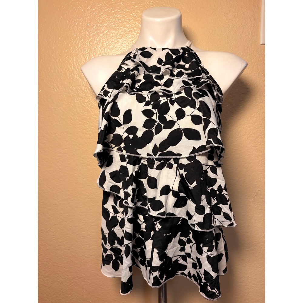 Worthington Black White Leaf Print Tiered Ruffle Halter Blouse Small #5